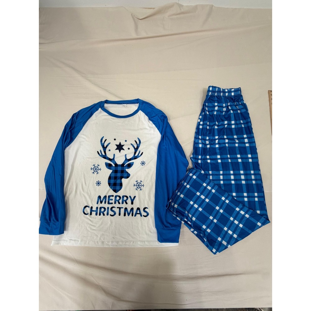 Merry Christmas Pajama Set Womens XL Blue White Reindeer Plaid 2 Piece Sleepwear